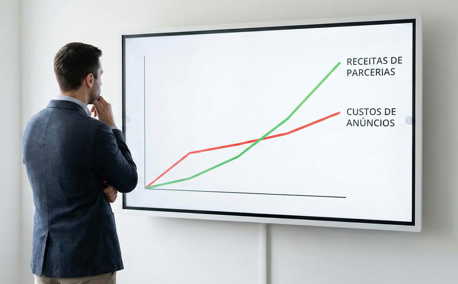 Empresário a analisar um gráfico onde os custos com anúncios (linha vermelha) sobem, enquanto as receitas de marketing de parcerias (linha verde) crescem de forma mais rentável.
