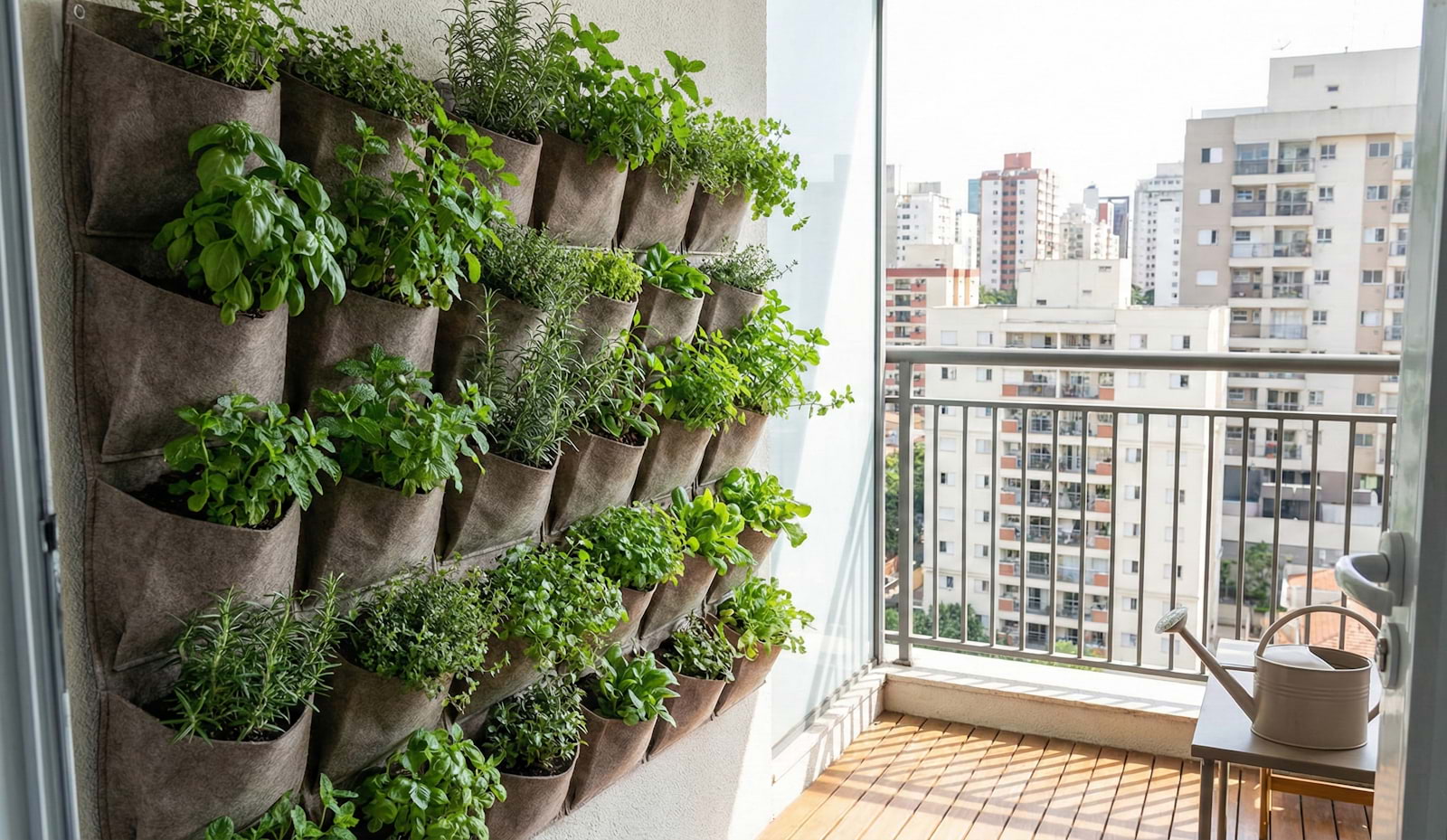 Estrutura de jardim vertical de parede com bolsas de feltro plantadas com ervas aromáticas numa varanda de apartamento, ideal para otimizar espaço e cultivar em áreas reduzidas.