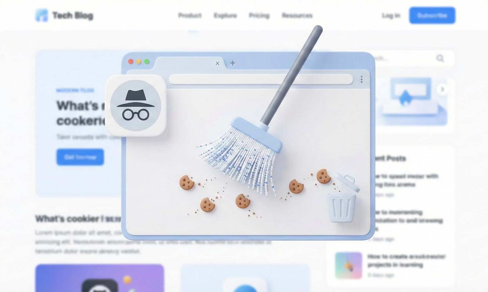 Ilustração 3D minimalista mostrando um navegador web com o ícone de modo incógnito, onde uma vassoura digital varre 'cookies' para o lixo, representando a limpeza de dados de navegação para melhorar a privacidade e evitar preços personalizados
