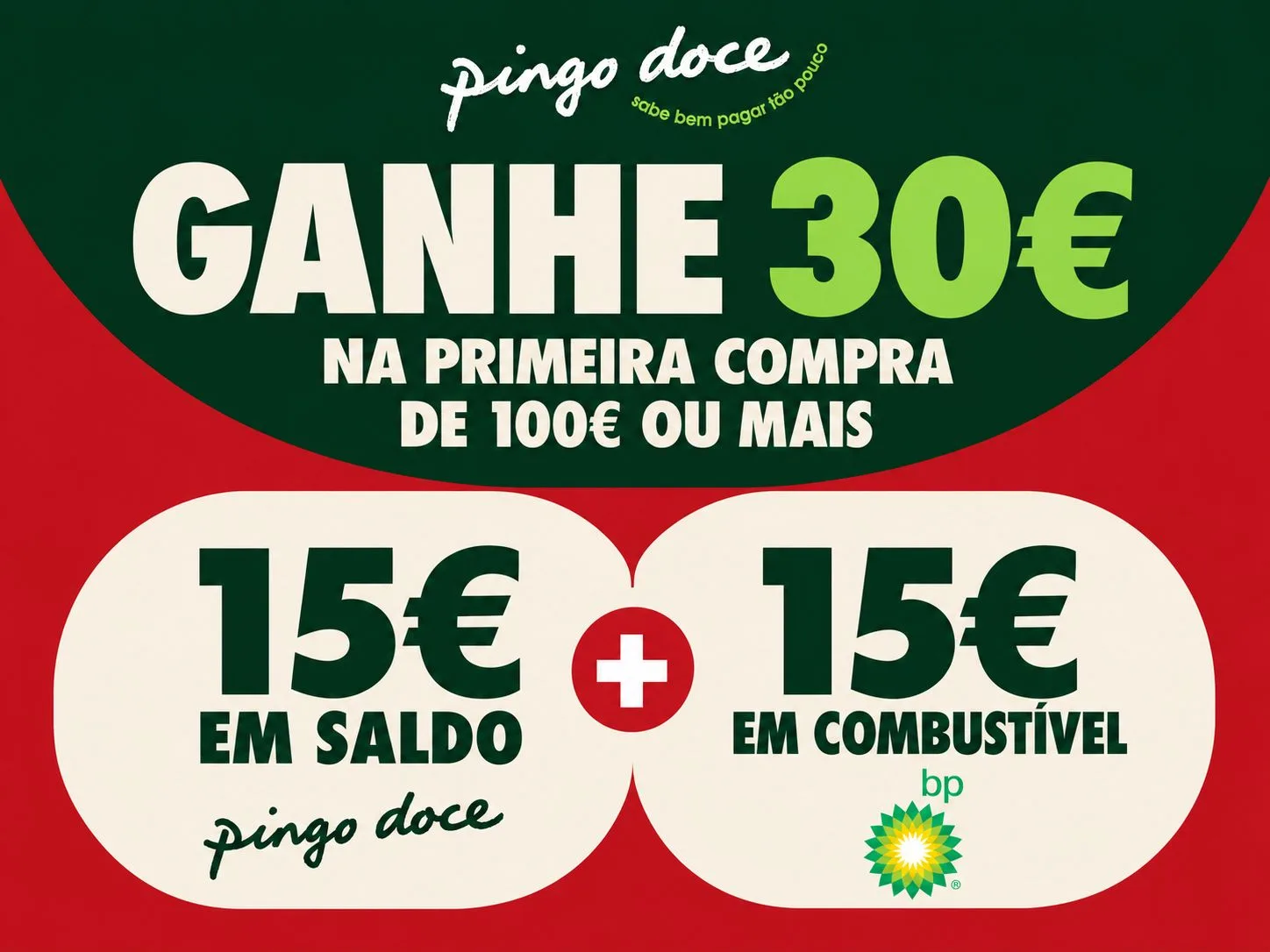 Campanha Pingo Doce com 30€ de benefício em compras de 100€ ou mais, divididos em 15€ de saldo e 15€ em combustível BP