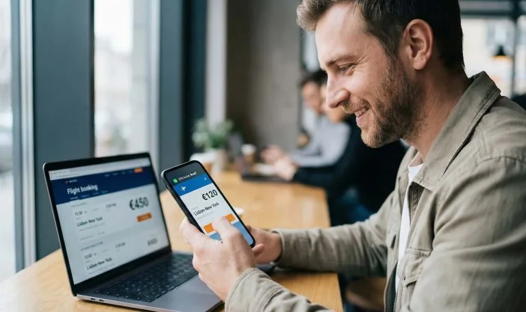 Homem a sorrir ao ver um voo por €120 no telemóvel com VPN ativa, enquanto o mesmo voo custa €450 no portátil sem VPN, ilustrando como a privacidade poupa dinheiro em reservas online