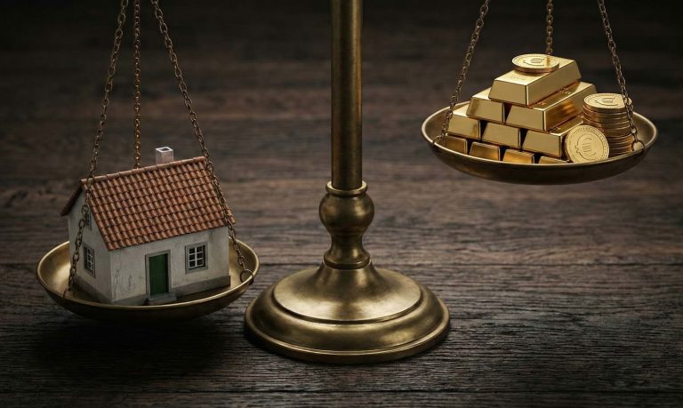 Fotografia conceptual de uma balança antiga onde uma pequena casa pesa mais do que uma pilha de barras de ouro e moedas de euro, ilustrando o novo máximo histórico dos preços do imobiliário em Portugal.