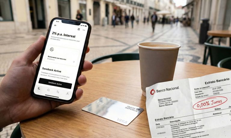 Fotografia lifestyle num café português. Uma mão segura um smartphone com a aplicação Trade Republic aberta, mostrando "2% p.a. Interest" e "Saveback Active". Na mesa de madeira, ao lado de um café, estão o cartão Visa espelhado da Trade Republic e um "Extrato Bancário" de um banco tradicional amassado, com "0,00% Juros" circulado a vermelho em destaque.