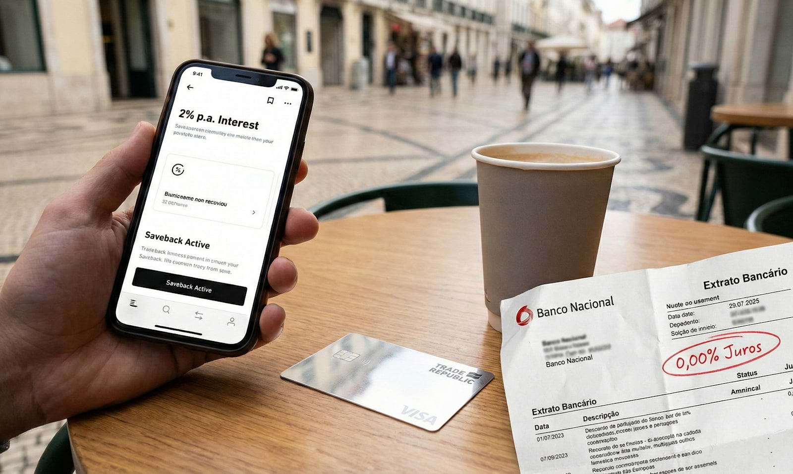 Fotografia lifestyle num café português. Uma mão segura um smartphone com a aplicação Trade Republic aberta, mostrando "2% p.a. Interest" e "Saveback Active". Na mesa de madeira, ao lado de um café, estão o cartão Visa espelhado da Trade Republic e um "Extrato Bancário" de um banco tradicional amassado, com "0,00% Juros" circulado a vermelho em destaque.
