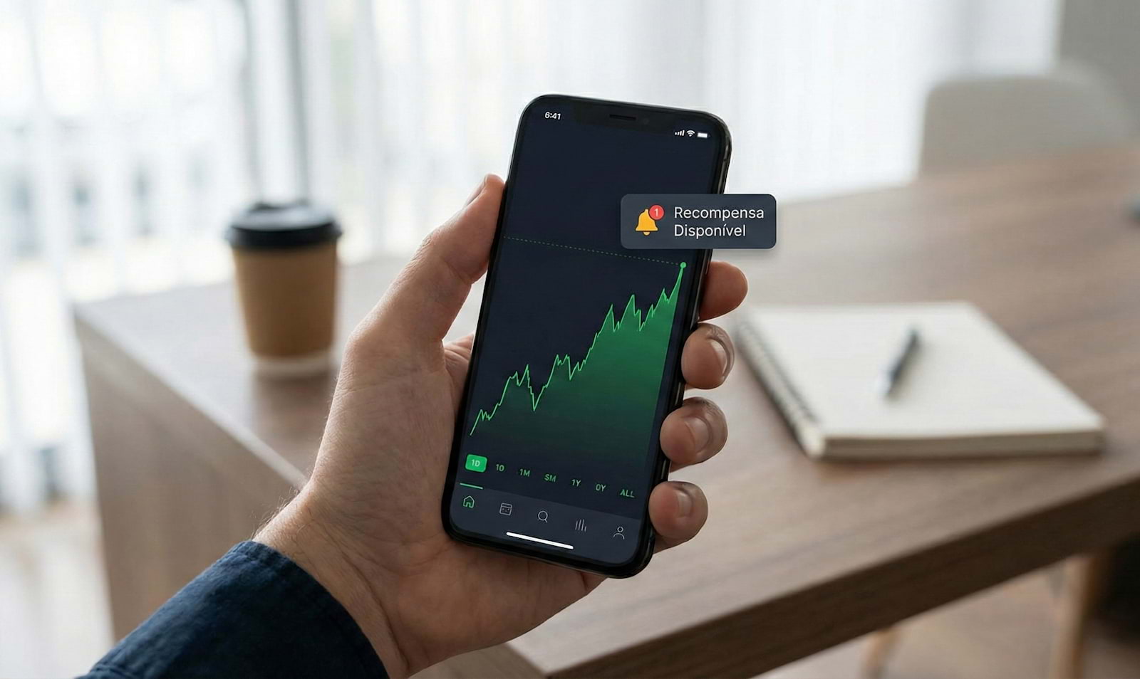 Mão a segurar um smartphone a mostrar uma aplicação de bolsa com um gráfico verde a subir e uma notificação de recompensa disponível no ecrã.