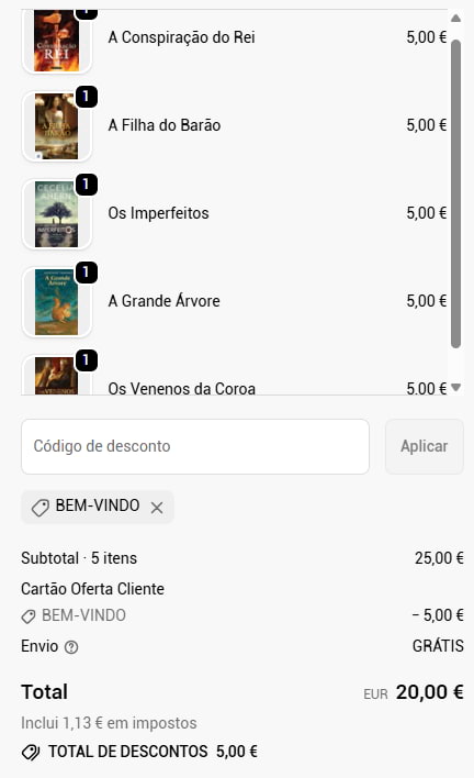 Exemplo de compra de livros com desconto aplicado