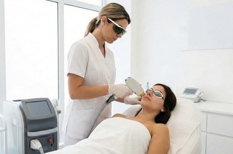 Uma profissional de estética, vestindo jaleco branco, luvas e óculos de proteção, aplica um dispositivo de laser no rosto de uma cliente deitada em uma maca. A cliente também usa óculos de proteção e está coberta por uma toalha branca. O procedimento ocorre em uma sala de clínica moderna e bem iluminada, com uma máquina de laser ao lado.