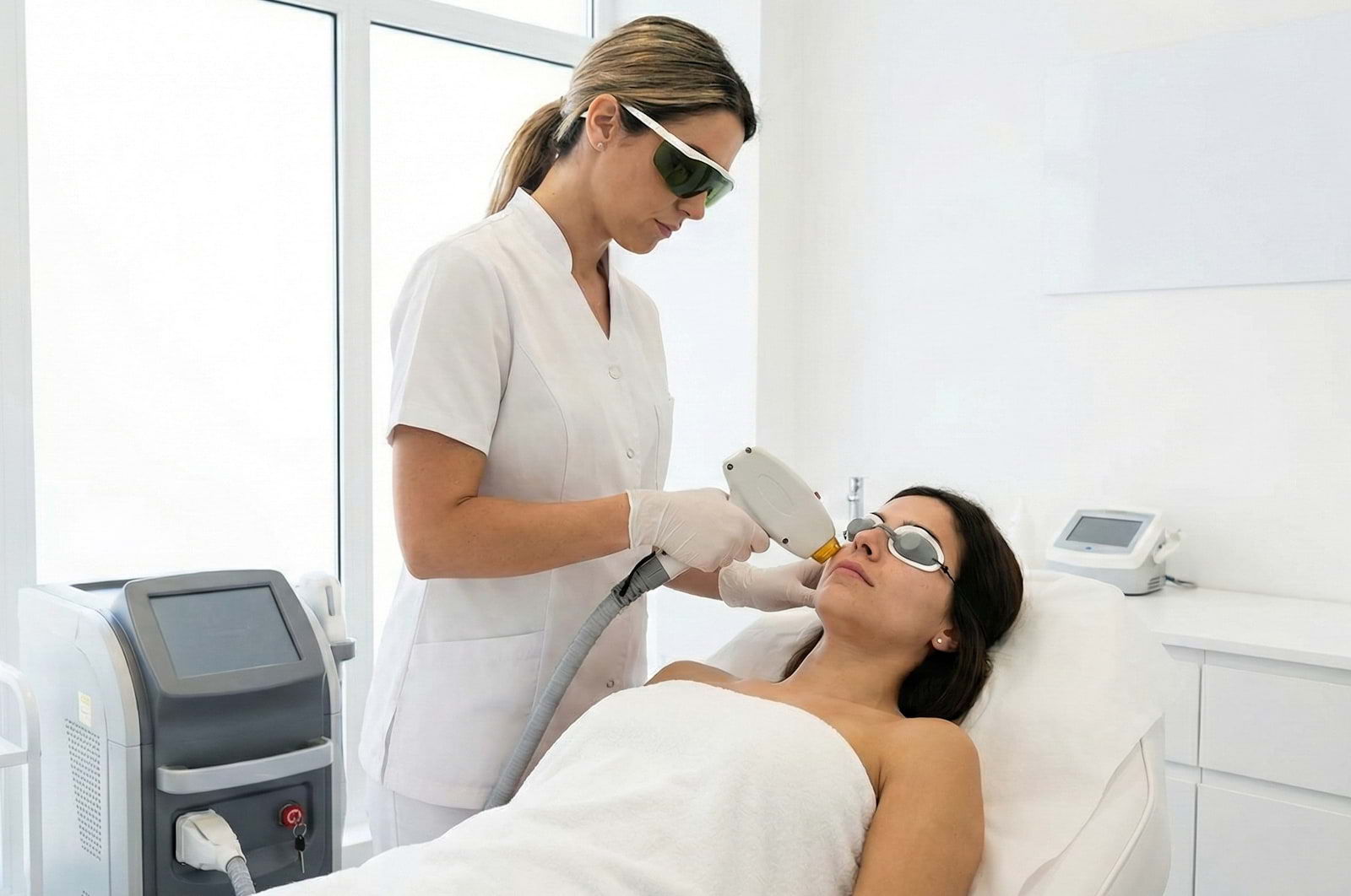 Uma profissional de estética, vestindo jaleco branco, luvas e óculos de proteção, aplica um dispositivo de laser no rosto de uma cliente deitada em uma maca. A cliente também usa óculos de proteção e está coberta por uma toalha branca. O procedimento ocorre em uma sala de clínica moderna e bem iluminada, com uma máquina de laser ao lado.