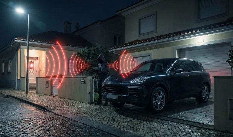 Ilustração realista de um ataque Relay: ondas de rádio vermelhas a serem amplificadas desde a chave no interior da casa até ao criminoso junto ao carro, mostrando como o roubo Keyless acontece sem arrombamento.