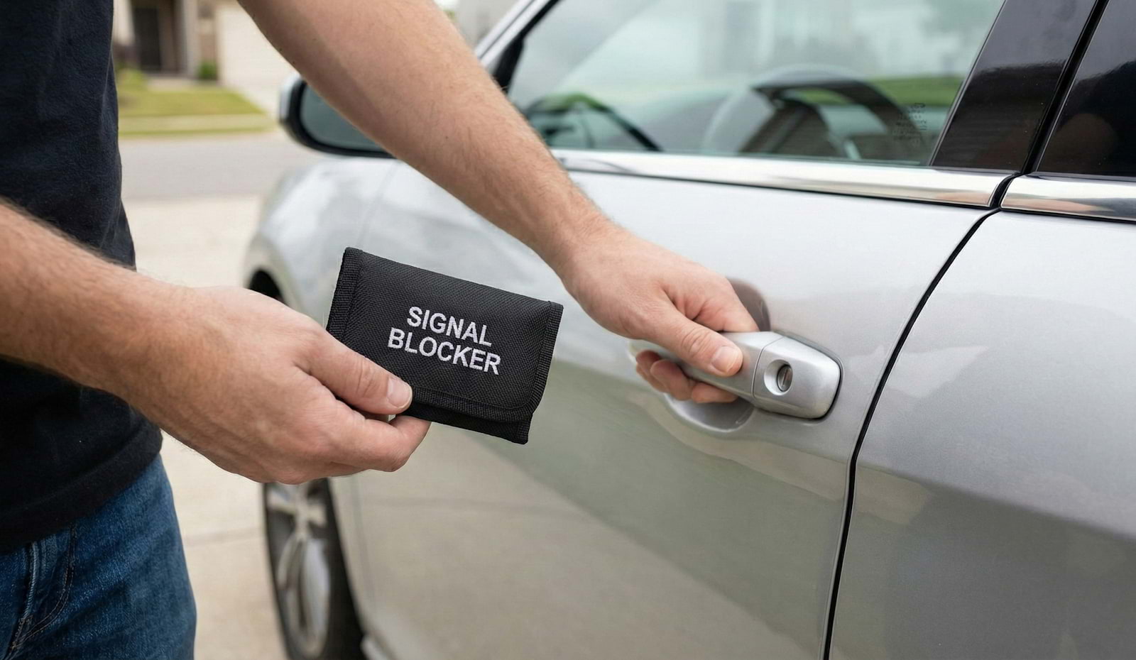Utilizador a testar bolsa Faraday: tentar abrir a porta do carro com a chave dentro da bolsa "Signal Blocker" para garantir que o sinal está bloqueado.