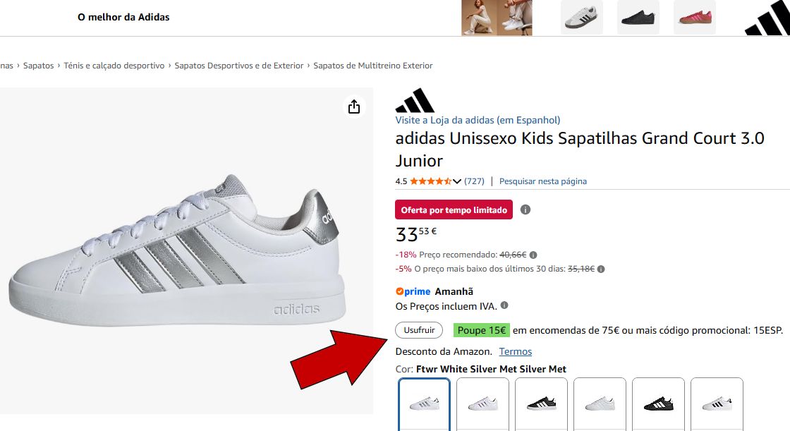 Sapatilhas Adidas elegíveis para a campanha de 15€ de desconto em compras de 75€ na Amazon