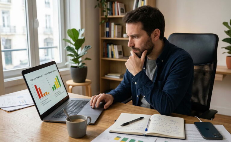 Empreendedor a analisar custos e benefícios de uma decisão de negócio no portátil