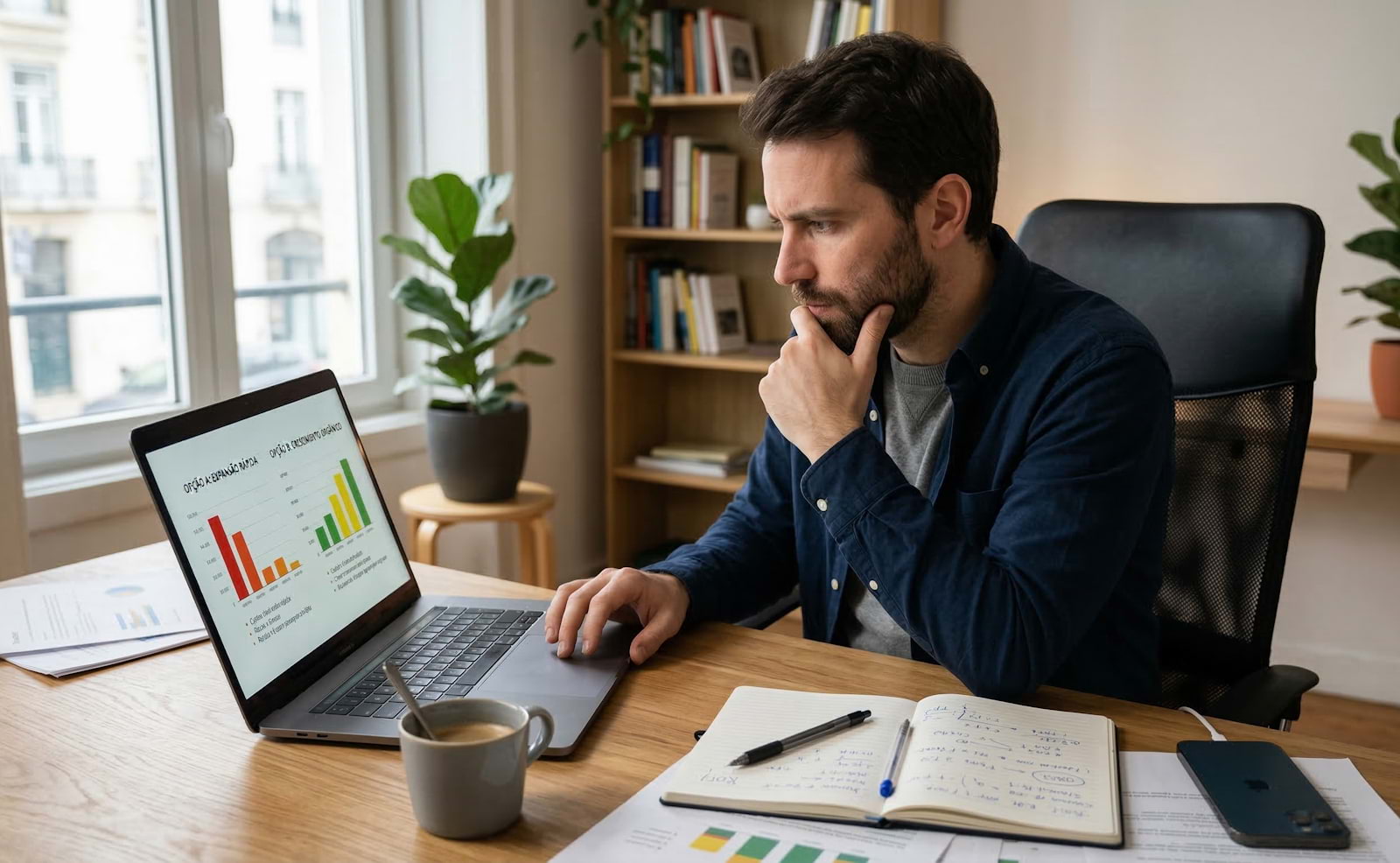 Empreendedor a analisar custos e benefícios de uma decisão de negócio no portátil