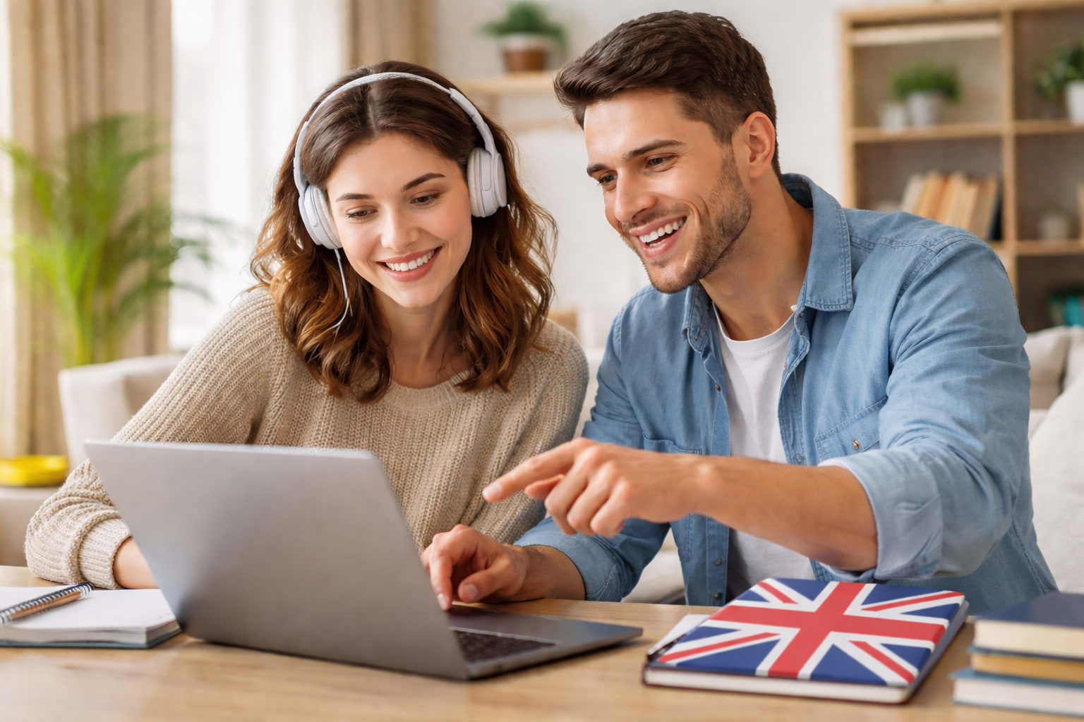Casal jovem a estudar inglês online em casa, sentado à mesa com um portátil e um caderno com a bandeira do Reino Unido na capa