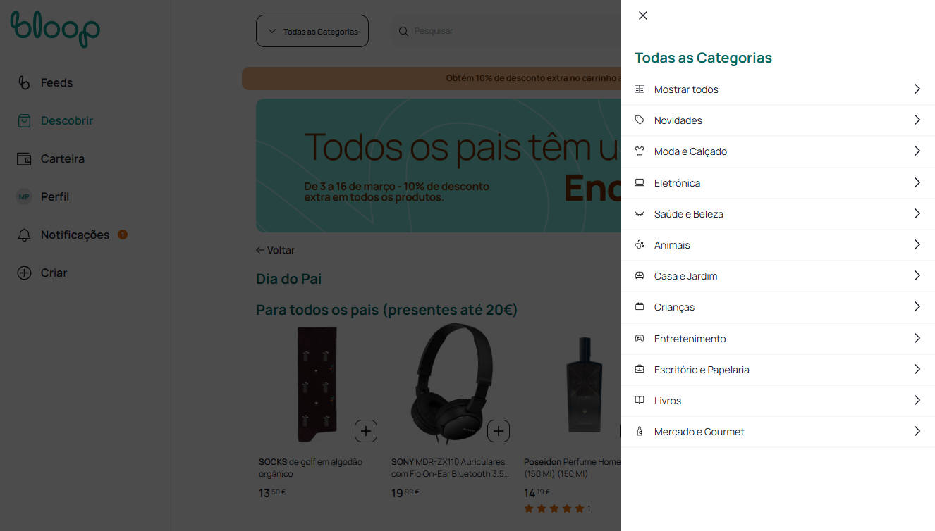 Bloop - Lista das categorias de produtos