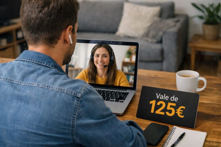 Pessoa a participar num estudo de mercado através de uma entrevista por video no portatil, com um voucher de 125€ como recompensa pousado na mesa ao lado.