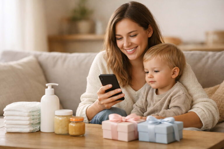 Mãe sorridente sentada no sofá com bebé ao colo a olhar para o smartphone, com fraldas, produtos de bebé e caixas de presente sobre a mesa numa sala acolhedora com luz natural