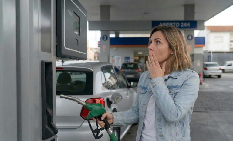 Mulher com expressão de grande espanto e a mão na boca, a olhar para o visor de uma bomba de combustível enquanto segura a agulheta para atestar o carro.