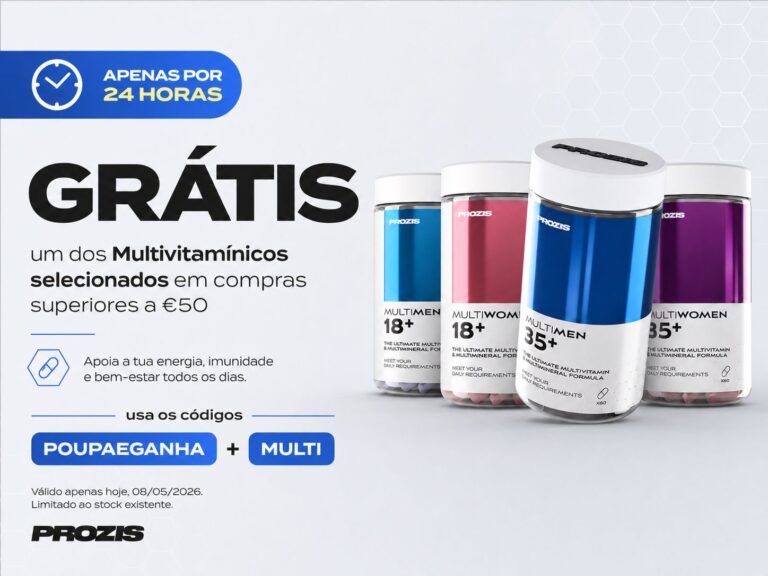 Campanha Prozis com oferta de um multivitamínico selecionado em compras superiores a 50€, válida por 24 horas