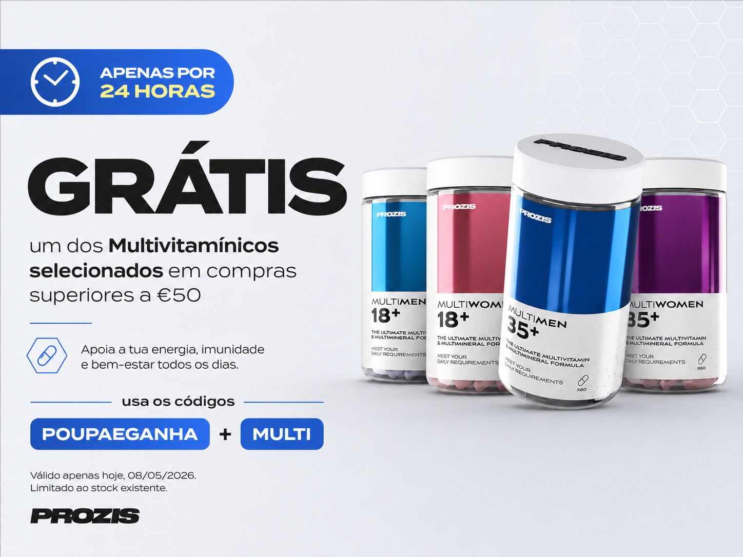 Campanha Prozis com oferta de um multivitamínico selecionado em compras superiores a 50€, válida por 24 horas