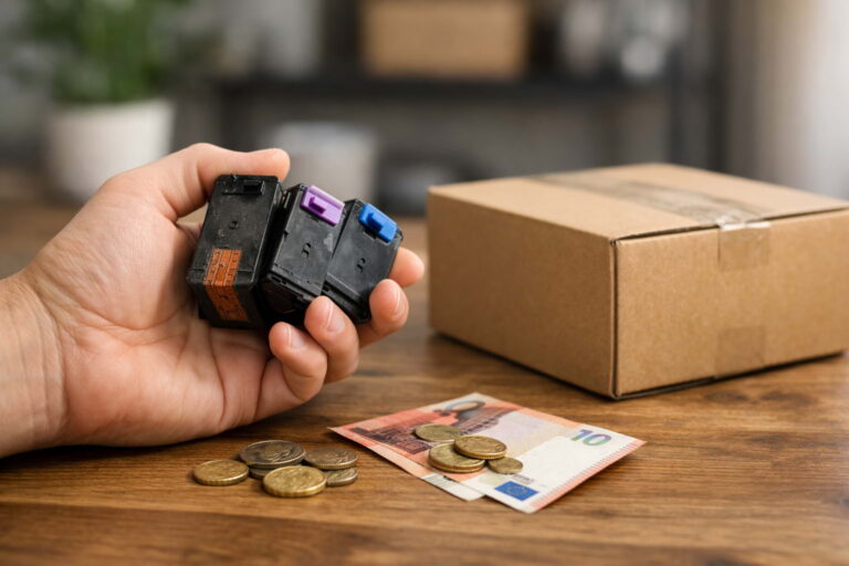 Mão a segurar tinteiros de impressora usados ao lado de moedas e de uma caixa de envio, simbolizando ganhar dinheiro com tinteiros vazios