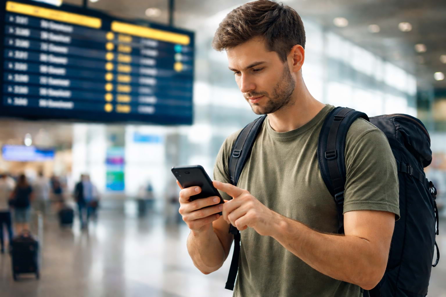 Homem com mochila a comparar opções de voos no telemóvel dentro de um aeroporto