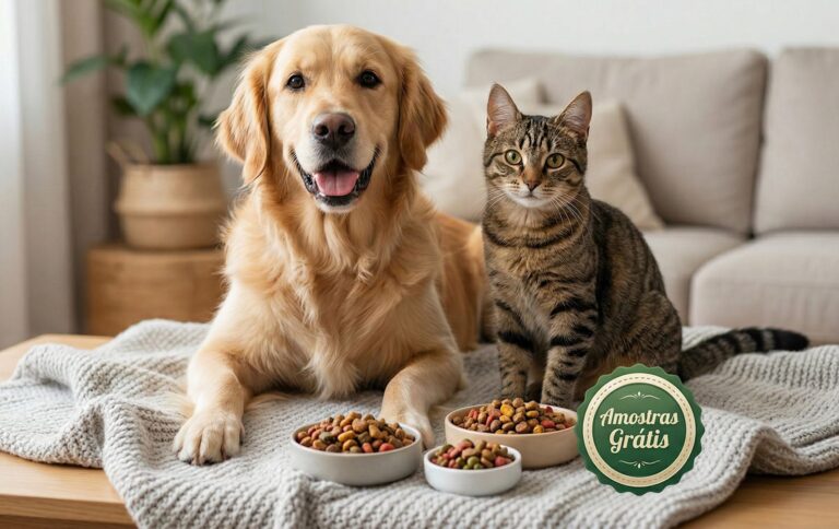 Cão e gato deitados ao lado de taças de ração com um selo verde a indicar amostras grátis.