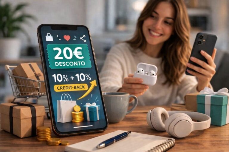 Mulher a usar aplicação de compras no telemóvel com desconto de 20€ e sistema de credit-back após publicar experiências de compra.