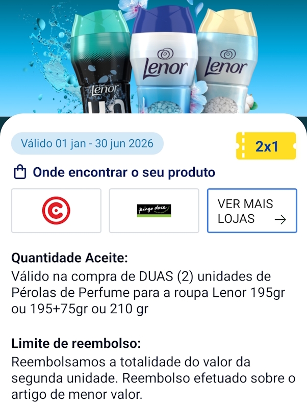 Cupão 2x1 das pérolas Lenor na app Poupar é Ganhar, que reembolsa o valor da segunda unidade
