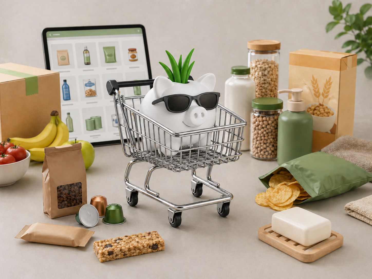 Porquinho mealheiro dentro de um carrinho de supermercado, rodeado de produtos de mercearia e higiene, a representar compras online com poupança