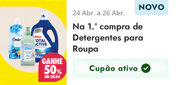 Cupão Pingo Doce: 50% na 1.ª compra de Detergentes para Roupa