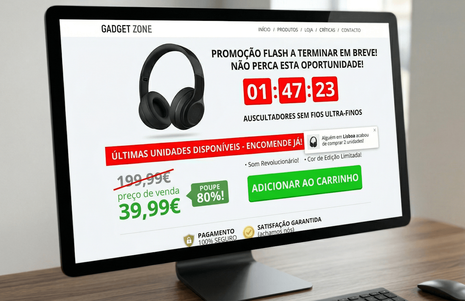 Uma fotografia de um monitor de computador desktop moderno numa secretária de madeira num escritório, exibindo um mockup detalhado de uma página da web de e-commerce da marca "GADGET ZONE". A página promove "AUSCULTADORES SEM FIOS ULTRA-FINOS" com uma grande imagem de fones de ouvido pretos no centro. No topo, o menu de navegação está em PT-PT. O título principal diz "PROMOÇÃO FLASH A TERMINAR EM BREVE! NÃO PERCA ESTA OPORTUNIDADE!". Por baixo, há um contador regressivo vermelho com "01:47:23". Um banner vermelho proeminente abaixo diz "ÚLTIMAS UNIDADES DISPONÍVEIS - ENCOMENDE JÁ!". Os preços mostram 199,99€ riscado e 39,99€ como preço de venda, com uma etiqueta verde de "POUPE 80%!". Há um grande botão verde com o texto "ADICIONAR AO CARRINHO". No canto inferior direito da tela, um pequeno popup de notificação diz "Alguém em Lisboa acabou de comprar 2 unidades!". O rodapé mostra ícones de confiança para "PAGAMENTO 100% SEGURO" e "SATISFAÇÃO GARANTIDA".