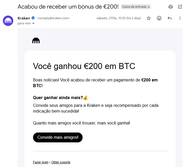 Email da Kraken com confirmação de bónus de 200€ em Bitcoin recebido através do programa de convites