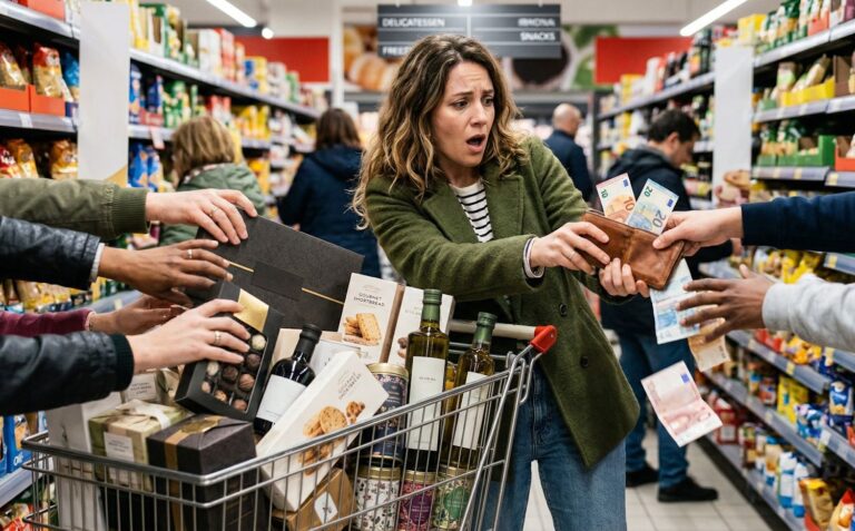Uma fotografia de uma mulher com uma expressão de choque e sobrecarga no rosto, no meio de um corredor de supermercado. Ela segura uma carteira aberta, enquanto várias mãos se estendem de ambos os lados. Mãos à direita seguram notas de Euro (€10, €20, €50). Mãos à esquerda agarram caixas de chocolates gourmet e garrafas de azeite e vinho do seu carrinho de compras cheio. As prateleiras do supermercado ao fundo estão repletas de produtos.