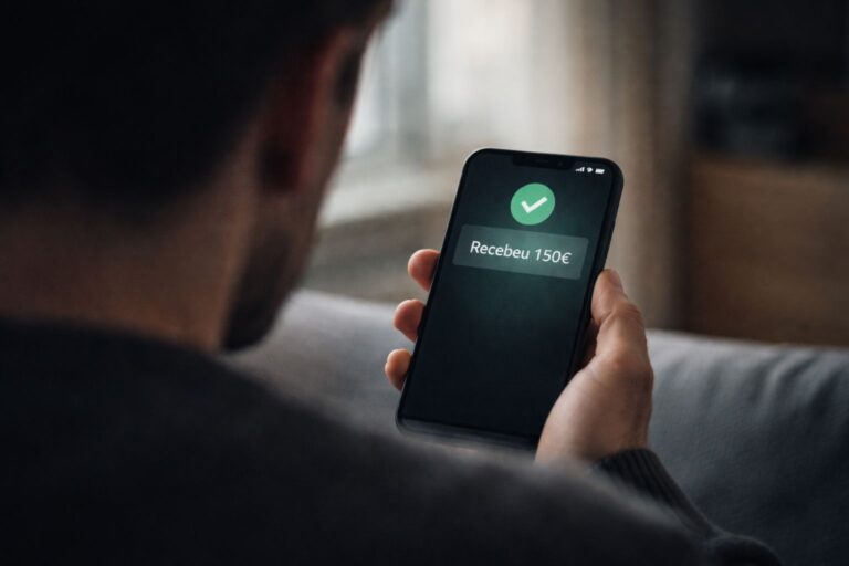 Pessoa a segurar um smartphone com uma notificação de dinheiro recebido no ecrã.