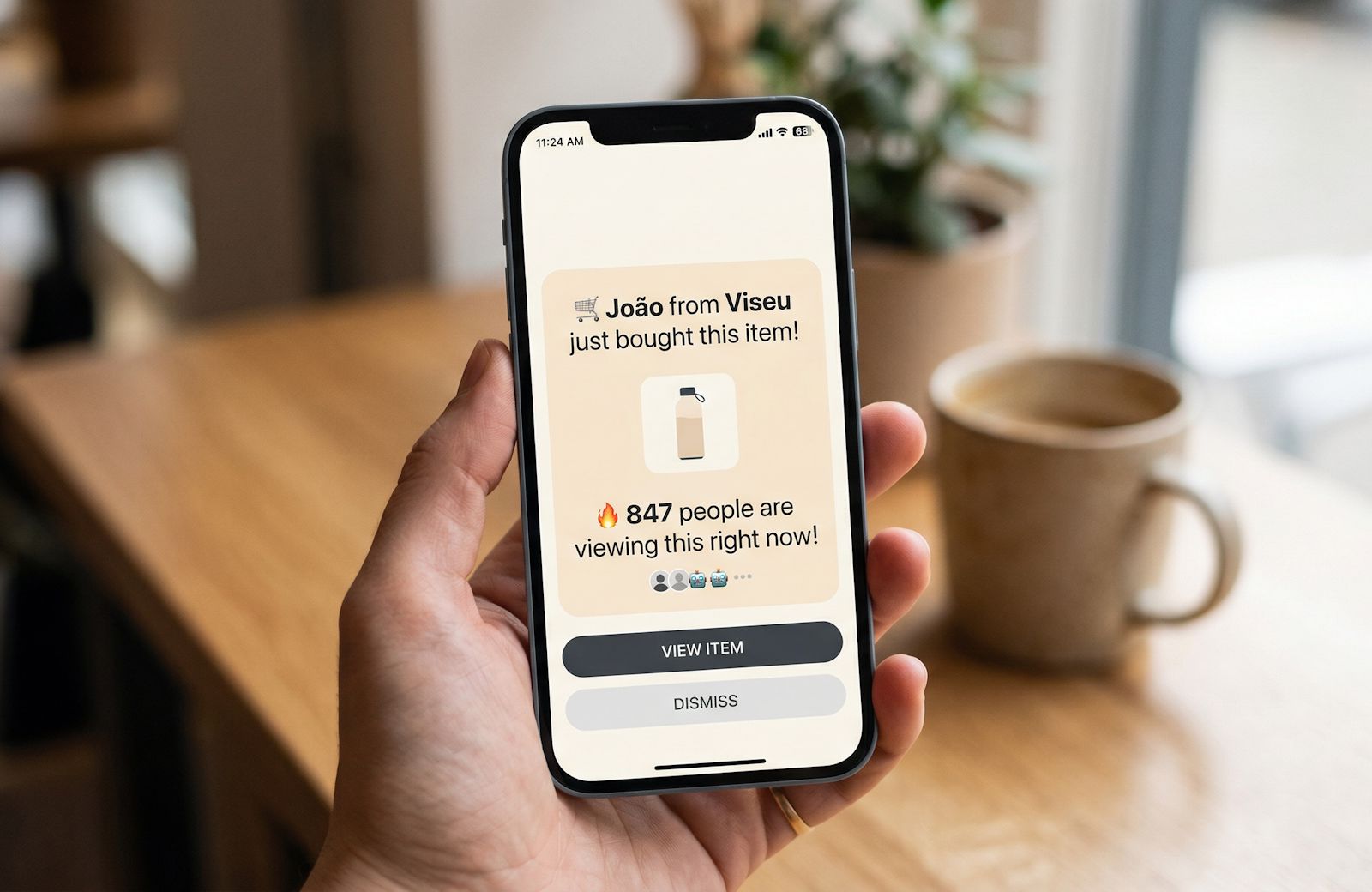 Fotografia de uma mão a segurar um smartphone que exibe um ecrã de comércio eletrónico com design minimalista e tons quentes. No ecrã, uma notificação satírica de pop-up indica "João from Viseu just bought this item!" e "847 people are viewing this right now!". Entre os ícones de utilizadores que visualizam o artigo, estão subtilmente escondidos pequenos ícones de robôs, satirizando táticas de escassez e pressão de vendas online.