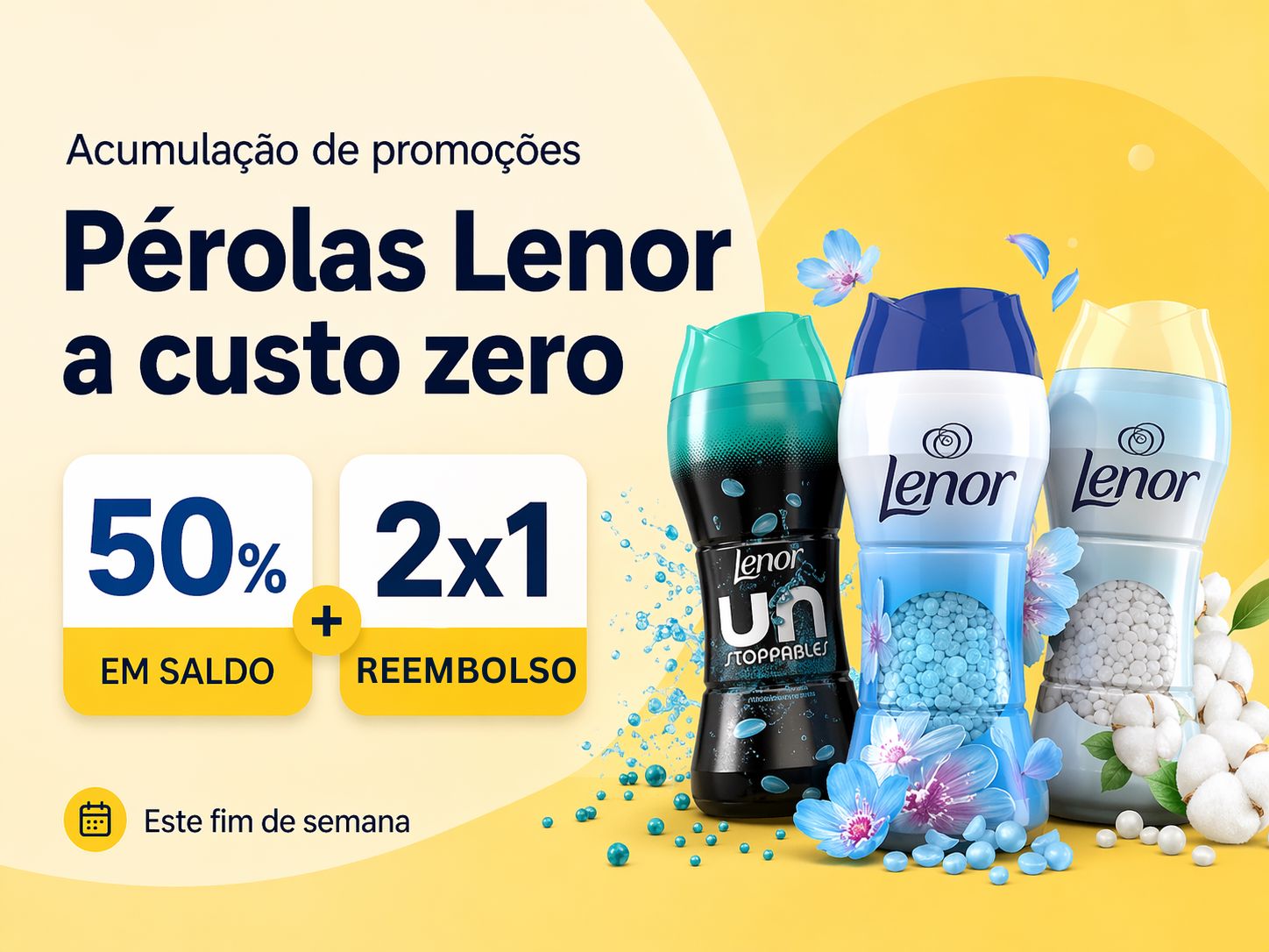 Acumulação de promoções em pérolas Lenor, com destaque para 50% em saldo e campanha 2x1.