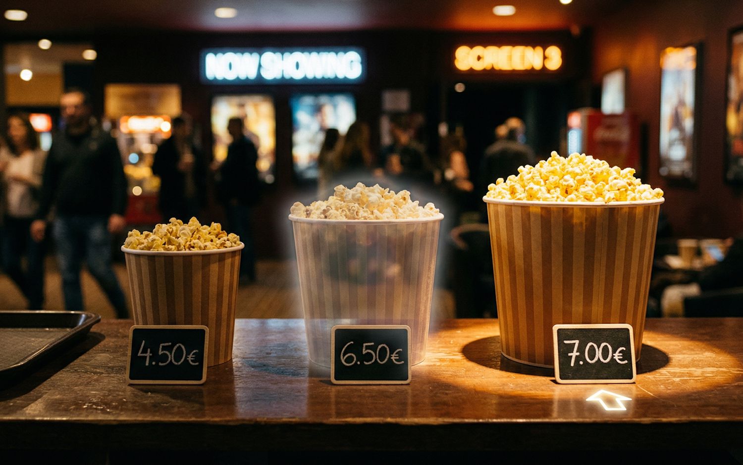 Uma fotografia horizontal tirada num átrio de cinema, mostrando três baldes de pipocas de diferentes tamanhos alinhados num balcão de madeira. Da esquerda para a direita, os baldes pequeno, médio e grande têm pequenas ardósias à frente com os preços: 4.50€, 6.50€ e 7.00€, respetivamente. O balde médio tem um efeito de transparência ou brilho difuso. Uma seta luminosa no balcão aponta para o balde grande, que é o mais caro.