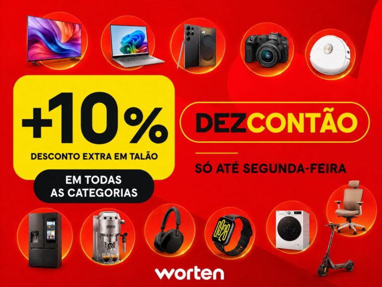 Campanha Worten Dezcontão com 10% de desconto extra em talão em várias categorias de produtos.