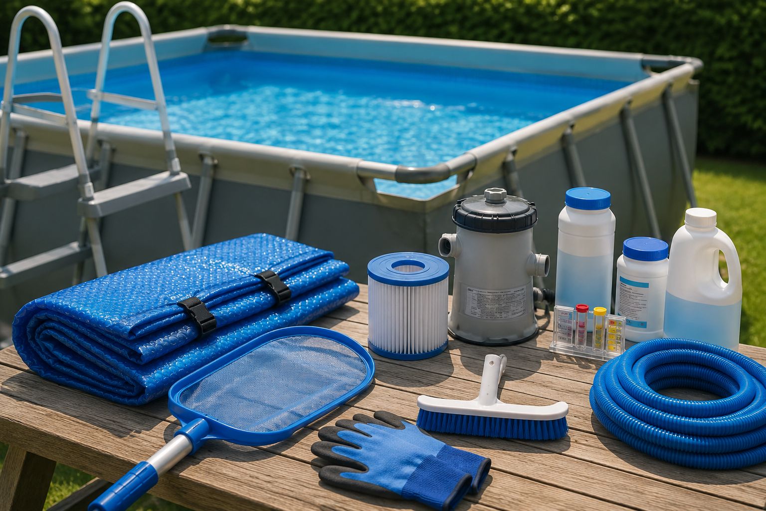 Acessórios de manutenção de piscina doméstica, incluindo rede de limpeza, cobertura, filtro e mangueira, organizados numa mesa exterior.