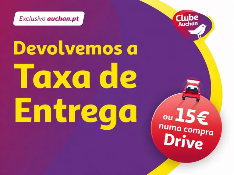 Campanha do Auchan que oferece um cupão de 8€ ou 15€ em compras online de pelo menos 100€