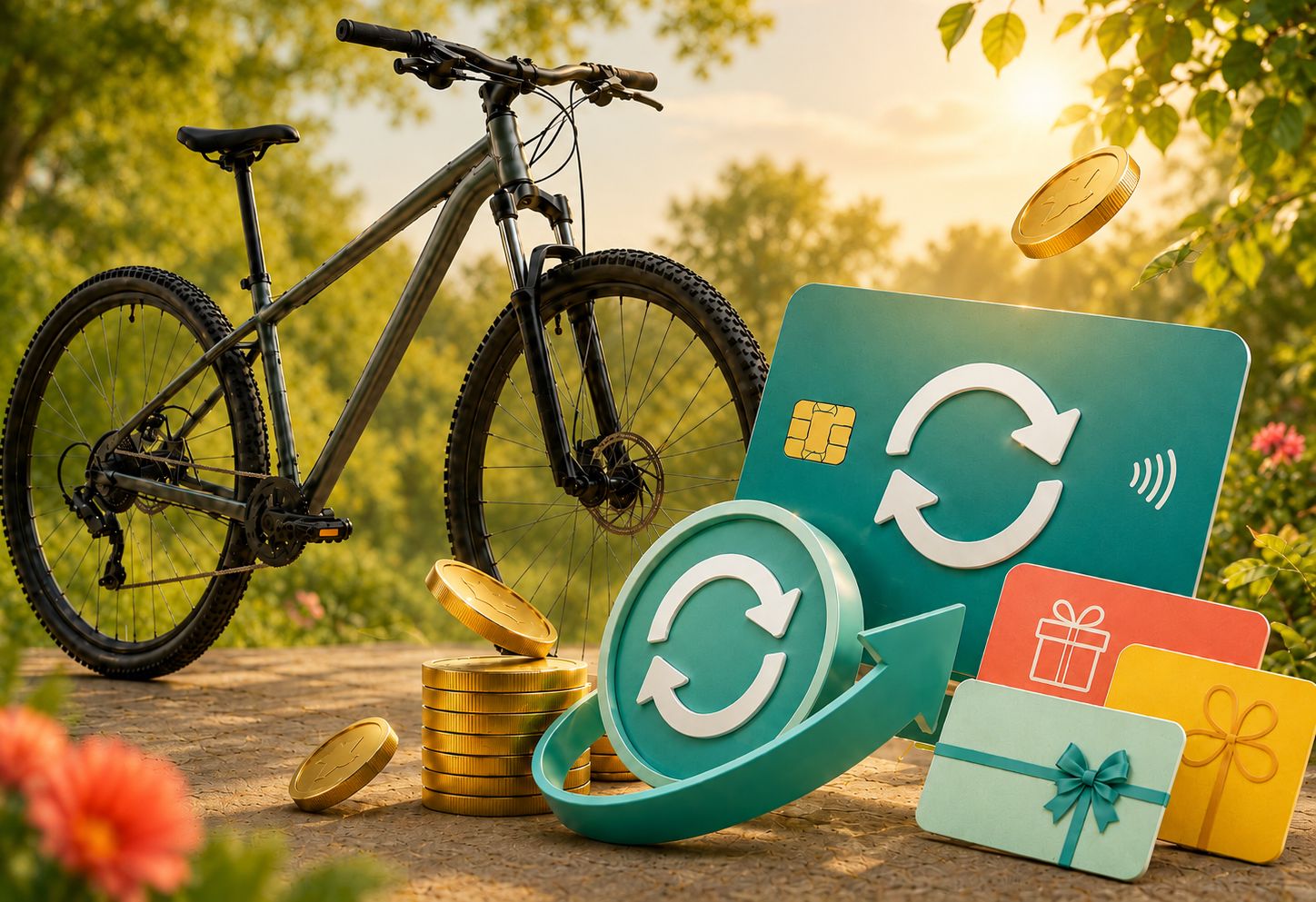Bicicleta de montanha com cartões presente, moedas e símbolos de cashback, ilustrando uma estratégia de poupança em camadas numa compra grande.