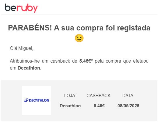 Cashback atribuído no Beruby pela compra na Decathlon
