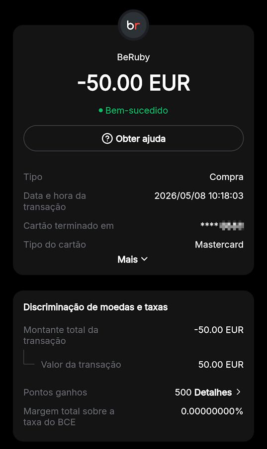 Exemplo de cashback ganho no cartão Bybit na compra de um dos cartões presente Decathlon no Beruby