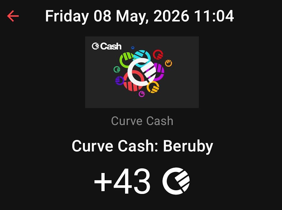 Exemplo de cashback ganho no cartão Curve na compra de um dos cartões presente Decathlon no Beruby usando o cartão Bybit associado