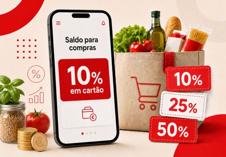 Smartphone com desconto de 10% em cartão ao lado de saco de compras e etiquetas de 10%, 25% e 50%