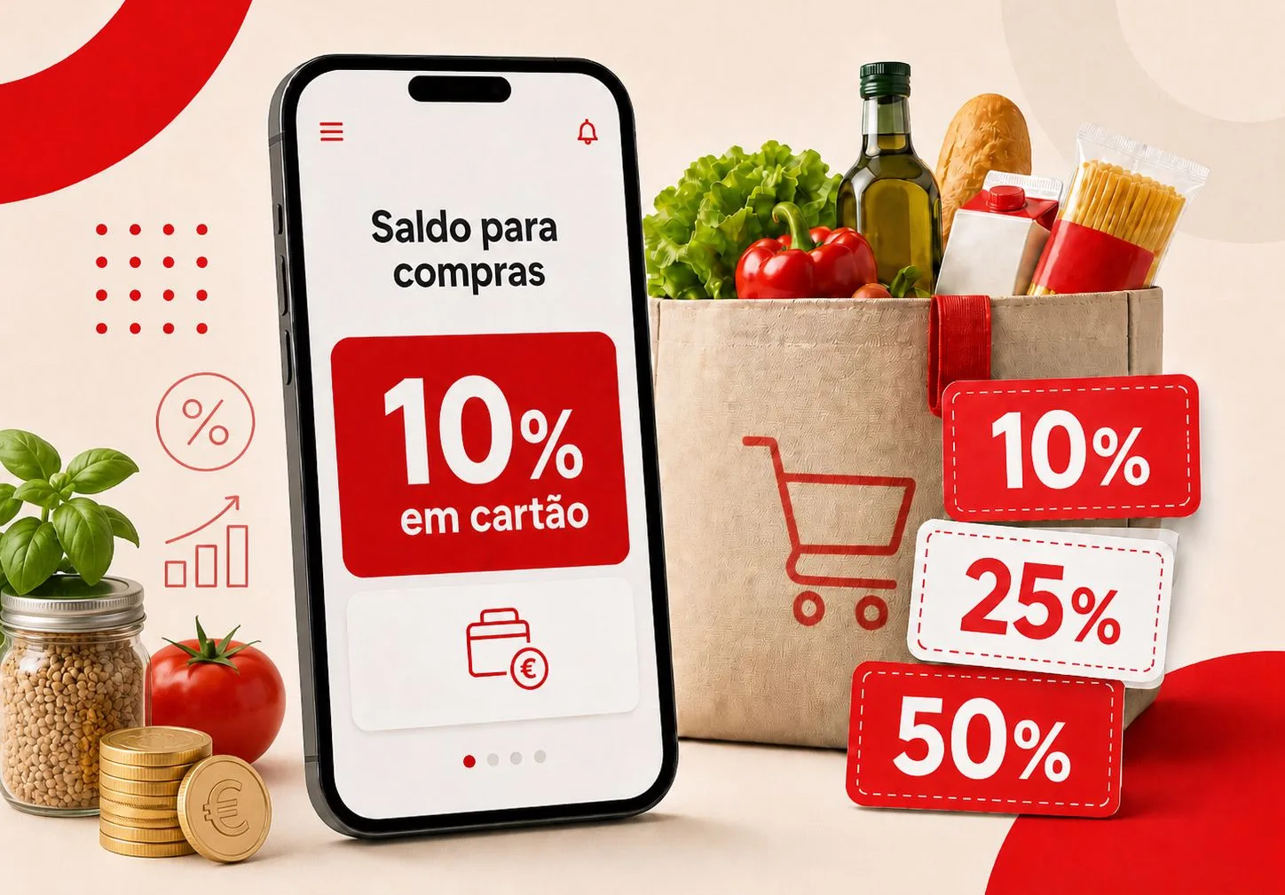 Smartphone com desconto de 10% em cartão ao lado de saco de compras e etiquetas de 10%, 25% e 50%