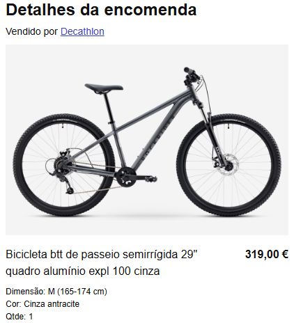 Decathlon - Detalhes da encomenda da bicicleta
