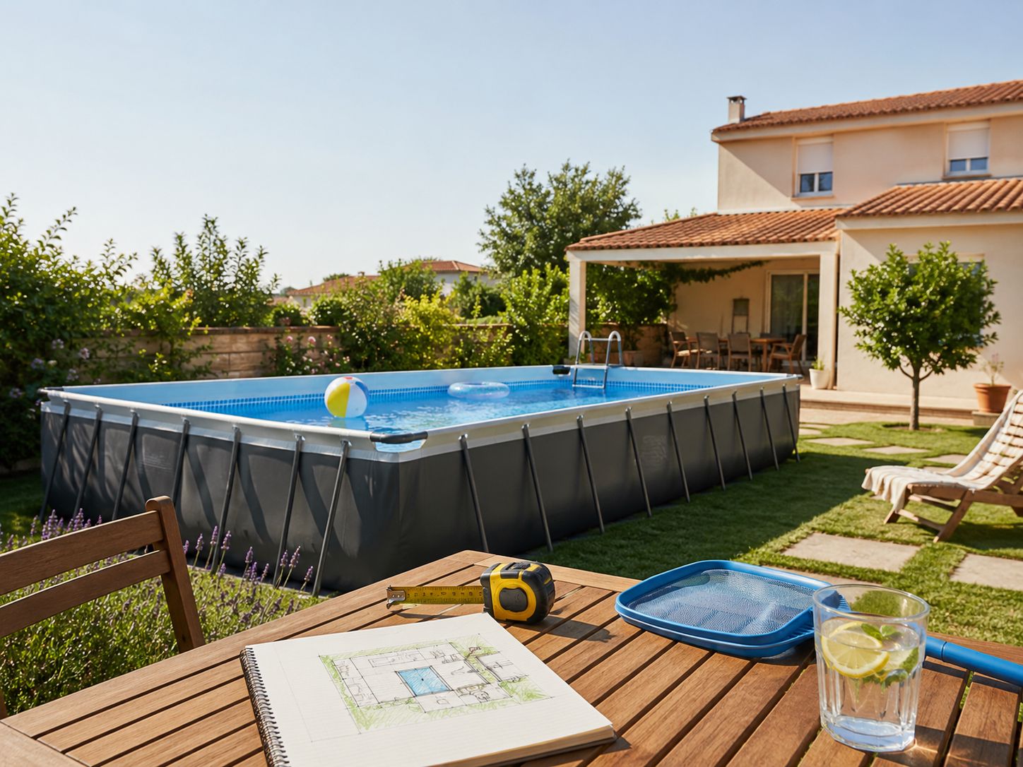 Piscina retangular de superfície montada num jardim, com fita métrica, esboço e acessórios sobre uma mesa para planear a compra sem gastar demais.