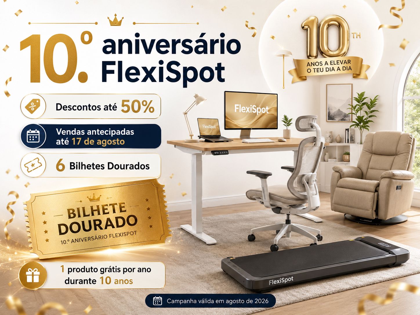 Campanha do 10.º aniversário da FlexiSpot com descontos até 50%, vendas antecipadas e Bilhetes Dourados